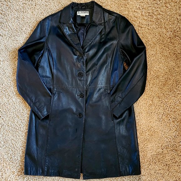 Modern Essentials Black Lambskin Leather Button Front Mid Length Coat Jacket XL - Picture 2 of 10